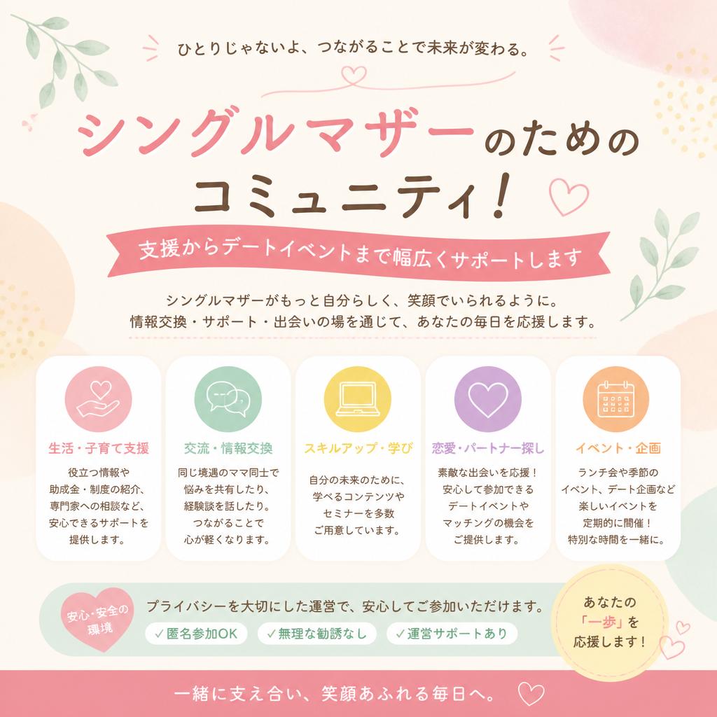 シングルマザーのためのコミュニティ！支援からデートイベントまで幅広くサポートします